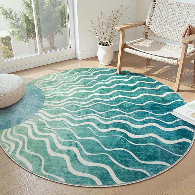 Wonnitar Boho Sun Print Round Rugs 5ft, Washable Circular Rug Green Round Carpet for Bedroom, Soft Sunset Distressed Non Slip Circle Carpet for Dining Room Living Room Office, Teal/Multi