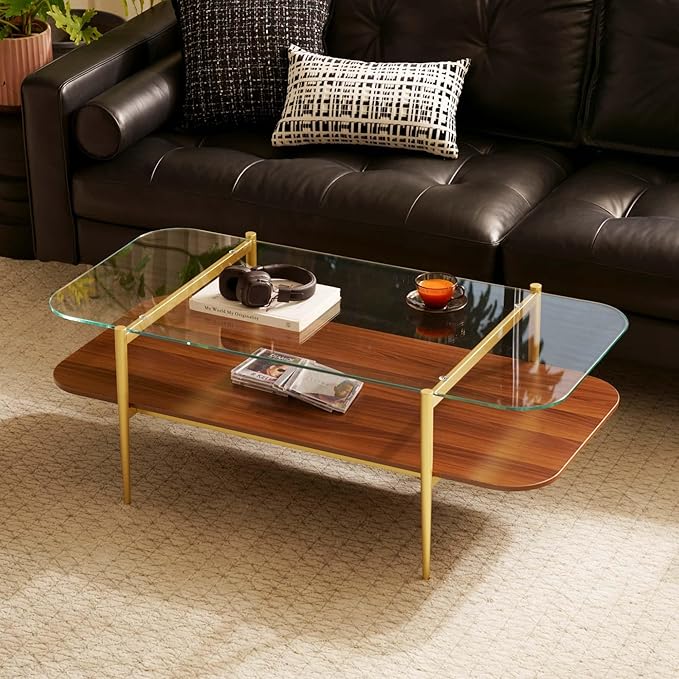 Saint Mossi Tadio Double Layer Glass Coffee Table for Living Room, Clear Glass & Coffee Brown MDF Bottom Shelf with Round Corners, L41xW21xH17