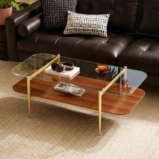 Saint Mossi Tadio Double Layer Glass Coffee Table for Living Room, Clear Glass & Coffee Brown MDF Bottom Shelf with Round Corners, L41xW21xH17