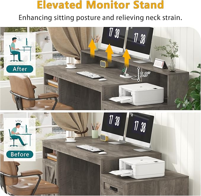 TVU Farmhouse Computer Desk with Drawers, 65'' Home Office Desk with Power Outlets, Storage Cabinet and Printer Stand, Study Writing Desks with Long Monitor Stand, Grey