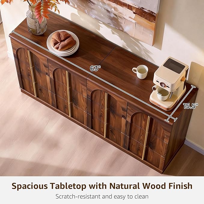 ACCOHOHO Buffet Cabinet with Storage & Arched Doors, 31.5 Inch Wood Sideboard W/Adjustable Shelf, Modern Coffee Bar Tables Accent Cabinets for Living Room,Kitchen or Entryway (Brown, 2 Piece)