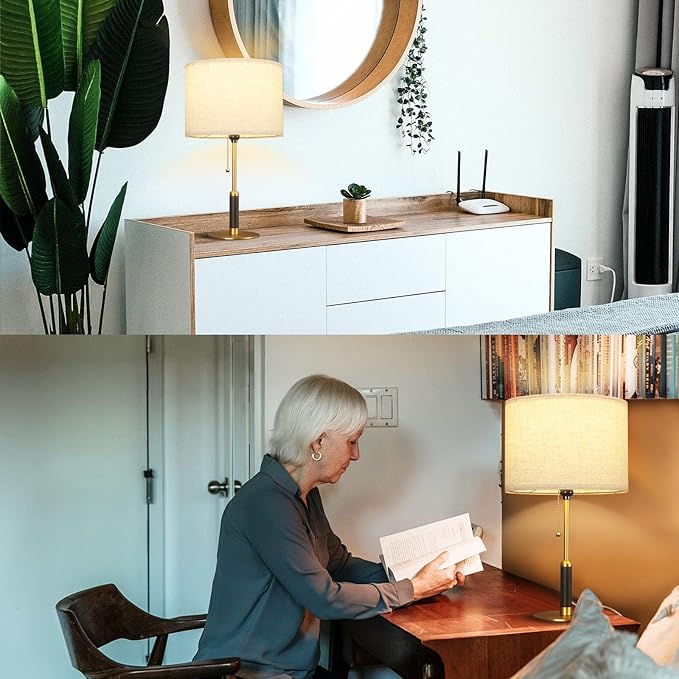 21" Mid Century Modern Table Lamp with Pull Chain Switch, 3-Color Light Bedside Lamps for Bedroom Living Room, Solid Wood/Metal/Fabric Nightstand Lamp for Home Office (Light Brown+Brass)