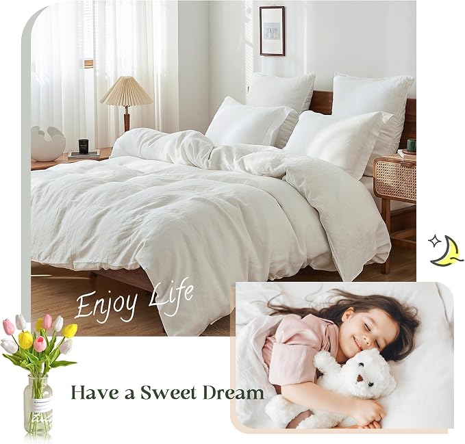 Simple&Opulence 100% Linen Duvet Cover Set, 3 PCS Natural French Flax White Duvet Cover California King Size, Breathable Soft Comfy Linen Bedding Comforter Cover with 2 Pillowcases(White, 104"x98")