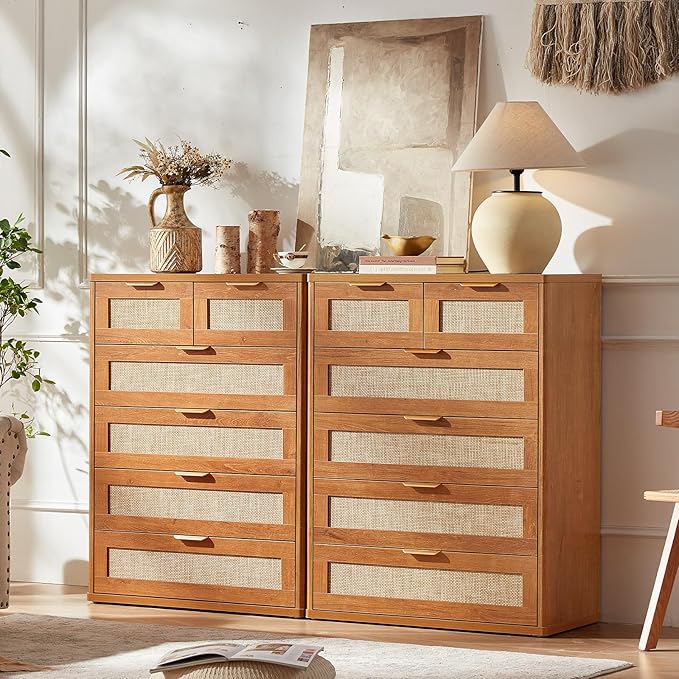 LEYAOYAO Rattan Dresser for Bedroom, 41" Tall Chest of Drawers, Modern 6 Drawers Boho Dressers with Storage, Vintage Brown Dresser Wooden Closet Organizer for Living Room, Hallway