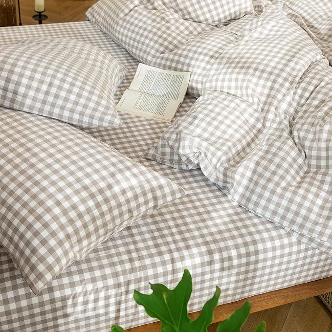 MooMee Gingham Duvet Cover Set 100% Washed Cotton Linen Like Textured Breathable Durable Soft Comfy Modern Checkered Design (Tannish Linen Grey Gingham, Palatial King/Oversized King 120"x98")