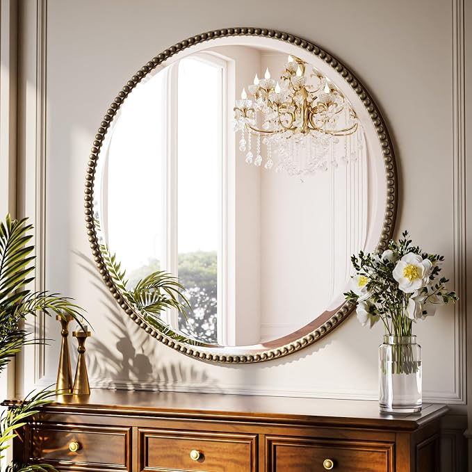28 Inch Round Bathroom Mirror - Luxurious Retro Beaded Circle Decorative Wall Mirror with PU Frame Hanging Leaning as Art Decor for Entryway, Bedroom, Living Room, Hallway, Bronze