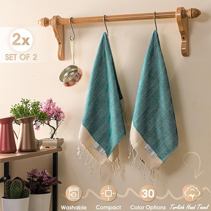 Hand Towels - Set of 2 | 18" x 30" - Decorative Turkish Hand Towel for Bathroom, Kitchen, Guest, Face, Hair, Tea, Dishcloth (Herringbone, Oil Green)
