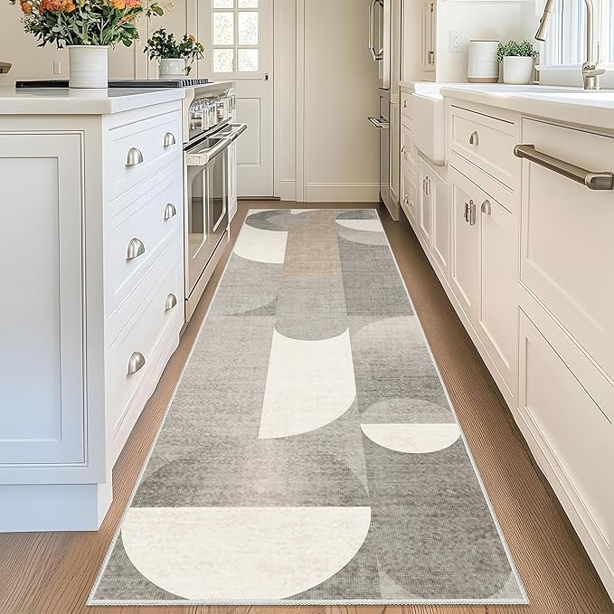 Beige Runner Rug 2x8 Floral Washable Rug Runners for Hallway Kitchen,Long Modern Geometric Rugs for Bedroom Entryway Bathroom,Non Slip Floor Carpet