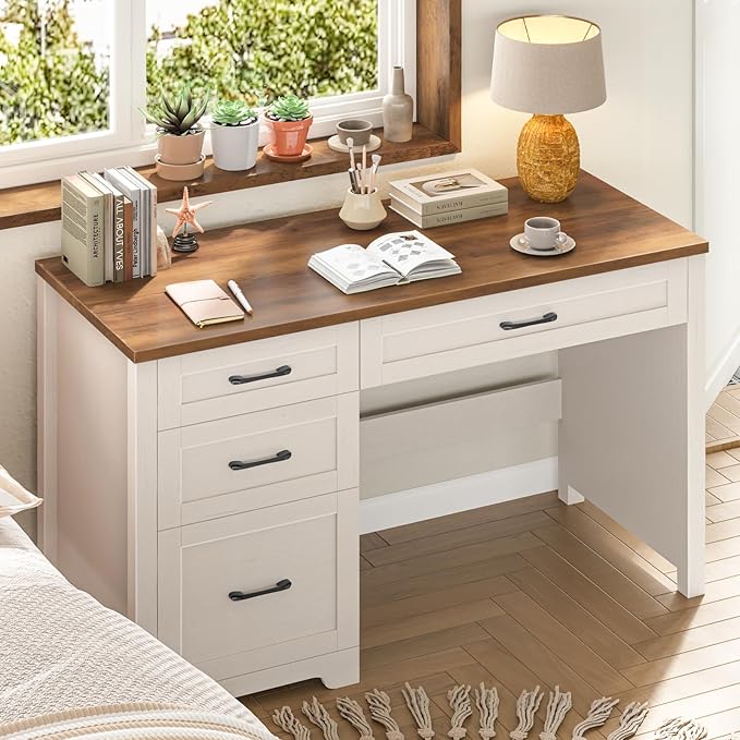 Vabches Farmhouse 47" Executive Desk with File Drawer, Wood Computer Desk with 3 Storage Drawers, Workstation for Home Office, Study, Writing.
