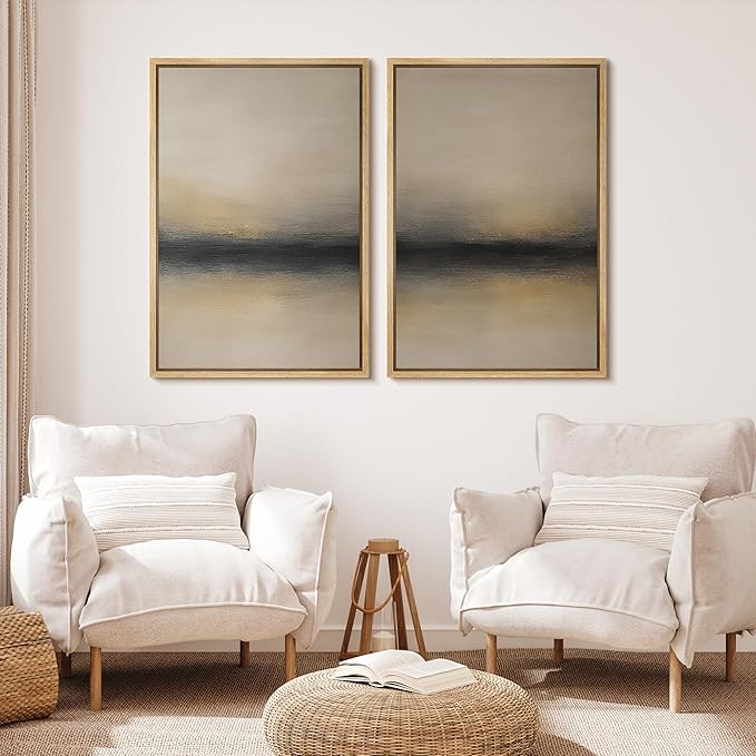 MUDECOR Framed Canvas Print Wall Art Abstract Sunset Horizon Modern Minimalist Beige and Black Illustrations Modern Art Decorative Bohemian for Living Room, Bedroom, Office - 24"x36"x2 Natural
