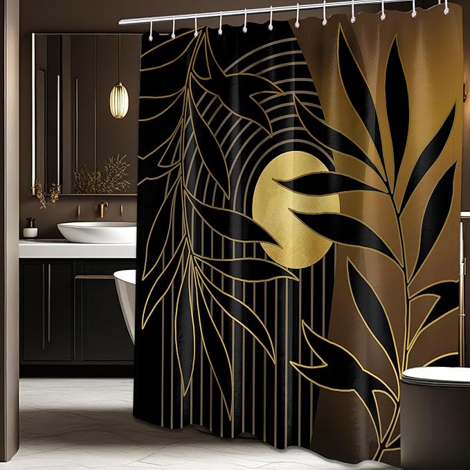 Boho Black and Gold Shower Curtain, Mid Century Modern Shower Curtains for Bathroom, Mens Bath Curtain Set, Waterproof Fabric with Hooks, 70" W x 84" L (Pack of 1)