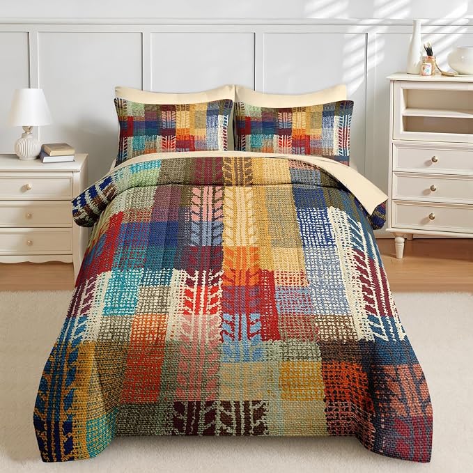 Nesker Comforter Set Full Size, Boho Vintage Geometric 7 Pcs Bedding for Kids and Adults, Painting Colorful African Bed Sheet Sets with Fitted Sheet 2 Pillowcases & 2 Shams
