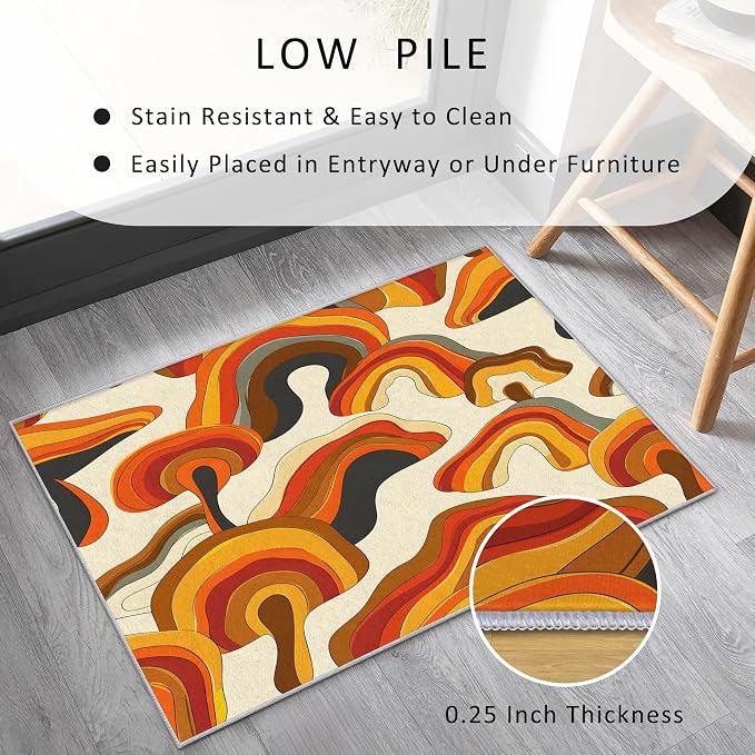 70s Retro Rug 5x8 Psychedelic Funky 1970s Abstract Pattern Area Rugs for Living Room, Bedroom, 70s Retro Home Decor Accessories Indoor Carpet, Non Slip & Machine Washable, GD0337