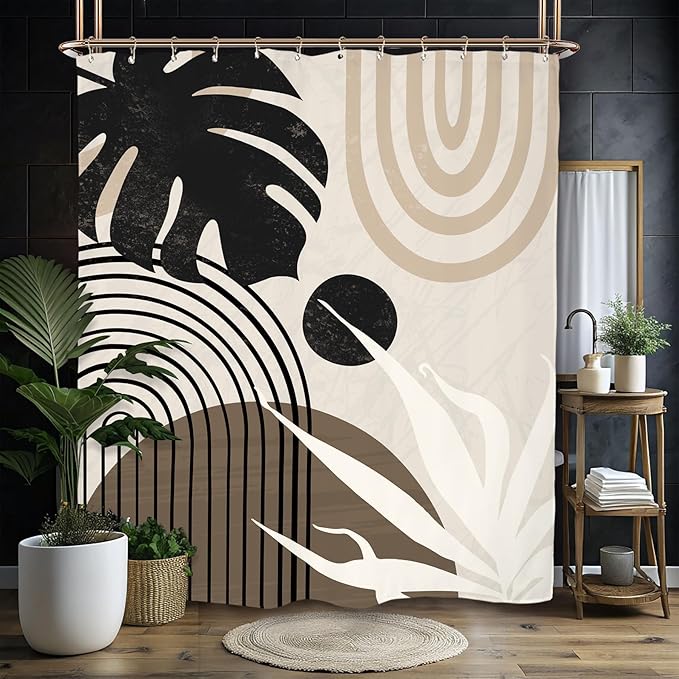 Miyotaa Abstract Light Brown Tan Shower Curtain Set 60Wx71H Inches Minimalist Aesthetic Modern Contemporary Plant Leaves Polyester Waterproof Cloth Bathroom Curtain with 12 Hooks