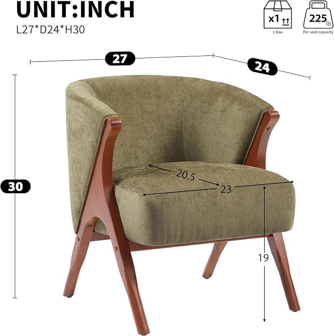 Merax Mid-Century Modern Accent Chair with Solid Wood A-Frame & Wrap-Around Backrest, High-Density Foam Cushion & Rounded Edges for Living Room, Reading Nook, Lounge Area (Green+Walnut)