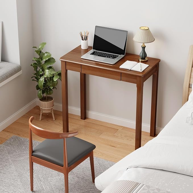100% Solid Wood Desk with Drawers 32 x 16 Inch Mid Century Modern Narrow Desk Vintage Small Writing Wooden Desks for Small Spaces Bedroom, Living Room, Office