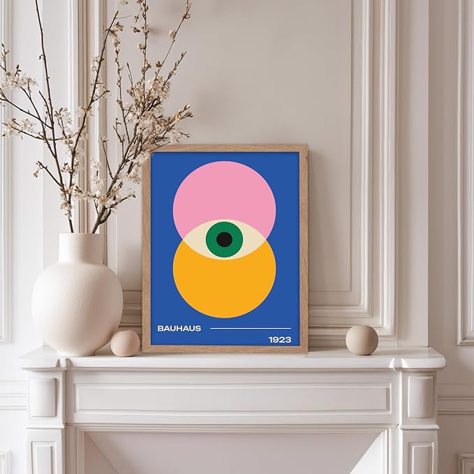 Poster Master Bauhaus Poster - Eye Print - Layered Circles ART - Graphic Design - Geometric Style - Chic Boho ART - Mid Century Modern - Living Room or Bedroom Decor - 8x10 Beige Framed