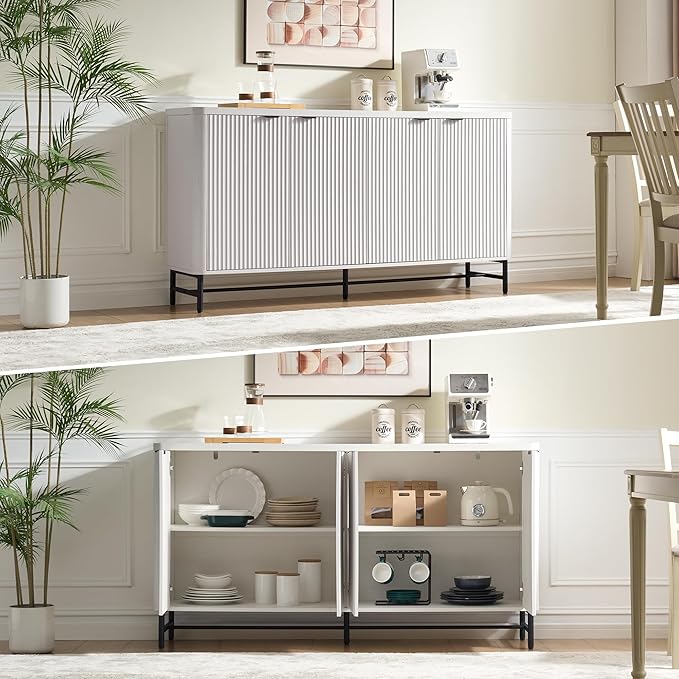 65" Large Sideboard Buffet Cabinet with Storage, Set of 2 Modern Fluted Credenza Accent Coffee Bar Console Tables with Doors & Adjustable Shelves for Living Room or Hallway, White