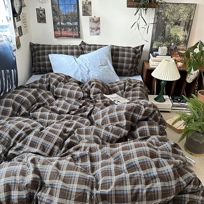 mixinni Vintage Buffalo Plaid Duvet Cover Set California King, 3 Piece Washed Cotton Bedding Set with Grid Pattern, Soft & Breathable Duvet Cover with Pillowcases for All Seasons,(Brown & Blue,Beige)