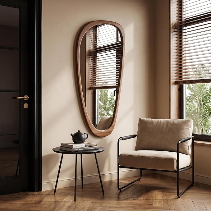 22‘’x48'' Asymmetrical Rustic Wall Mirror for Bathroom Wood Frame, Irregular Classic Mirror Farmhouse Vanity Wall Mirror, Mid Century Modern Mirror Decor Living Room, Bedroom, Entryway