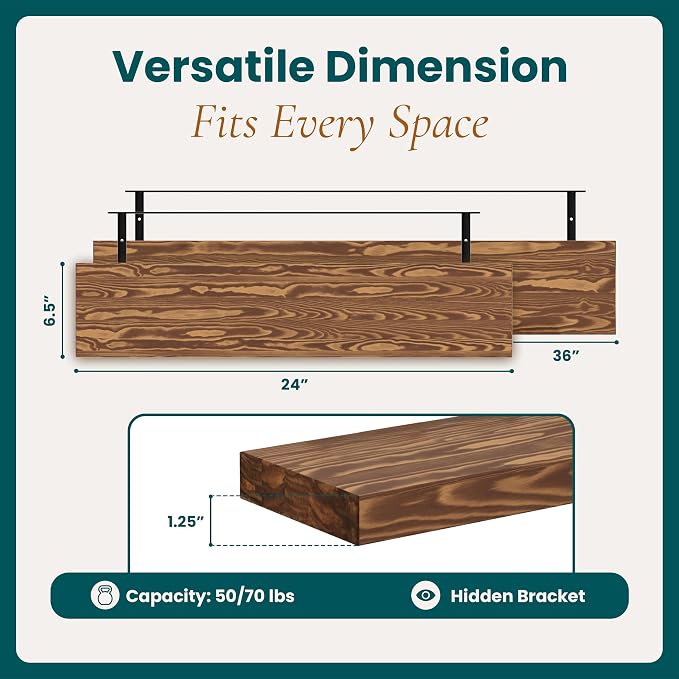 Howizz 24'' Wood Floating Shelves for Wall, Acacia Wood Wall Mounted Shelves with Invisible Brackets, Rustic Wooden Shelf Set of 2 for Living Room, Bedroom, Bathroom, Kitchen Decor, Light Walnut