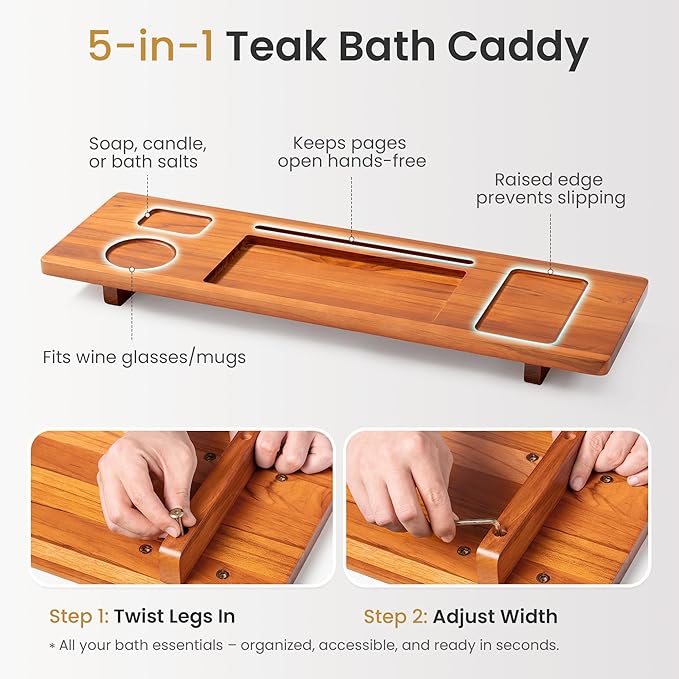 Teak Bathtub Tray Caddy - 29" Wide Adjustable Bathtub Table for Freestanding Tubs, Non-Slip Design with Phone/Wine Holder, Natural Bath Spa Essentials