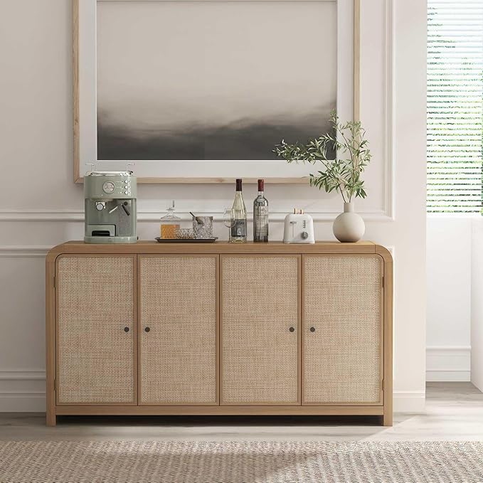 Oak&Sparrow Oak Sideboard Buffet Cabinet with Storage, 60'' Boho Buffets & Sideboards with Adjustable Shelves, Rattan Sideboard Cabinet with 4 Doors for Living Room, Hallway & Kitchen