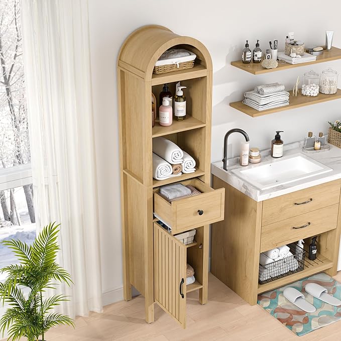 64" Tall Bathroom Storage Cabinet with Adjustable Shelves,Tall Narrow Arched Freestanding Tower Cabinet with Fluted Doors and Drawers,Space Saving Organizer for Bathroom Living Room (Oak)