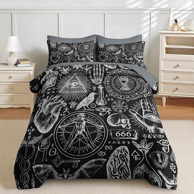 Nesker Comforter Set Queen Size, Vintage Halloween 7 Pcs Bedding for Kids and Adults, Mysticism Alchemy Bed Sheet Sets with Fitted Sheet 2 Pillowcases & 2 Shams