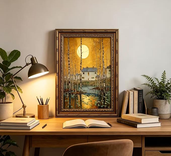 Vintage Gold Framed Minimalist Moon Canvas Wall Art，Retro Celestial Neutral Tone Textured Poster Artwork，Warm Tone Bohemian Wall Decor，for Bedroom Living Room Office，16x24in