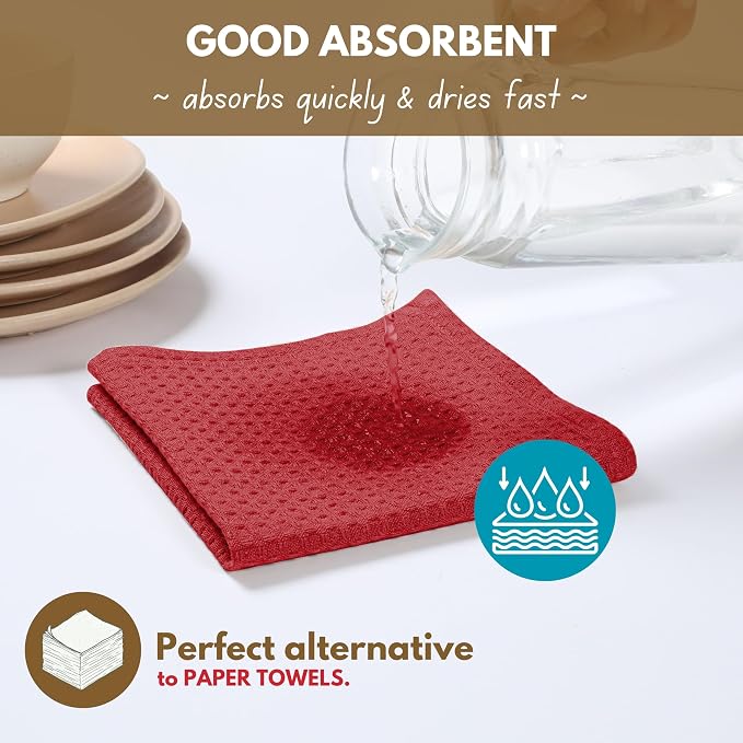 Native Fab 8 Piece Kitchen Towel & Dish Cloth Set - 100% Cotton, Soft, Absorbent, Quick Drying & Durable Cloths for Cleaning, Cooking - Machine Washable, Perfect for Home, Bars & Everyday Use - Red