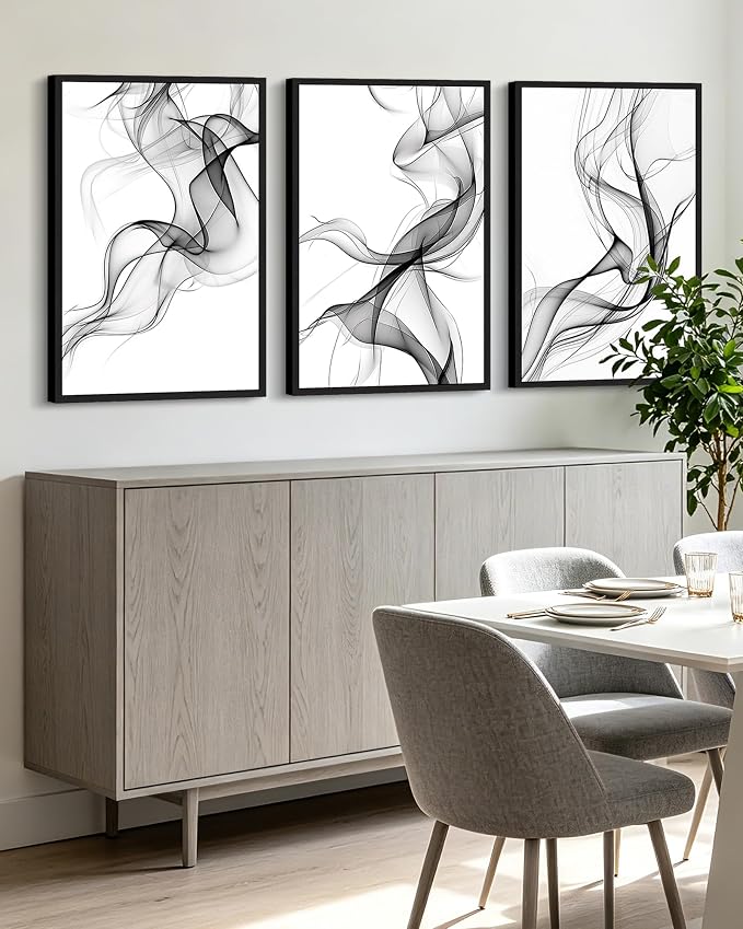 KUVIOKE Black White Abstract Framed Canvas Wall Art Ink Wash Pastel Wall Decor Modern Transparent Fog Illustration Art Painting for Bedroom Dining Room 24x36in (Black Framed)