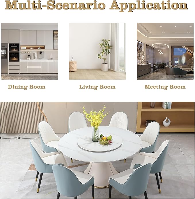 Round Marble Dining Table Set for 6-8, Kitchen Table, Dining Room Table Set Petal Pu Leather & Metal Base (1 Table and 8 Blue Chairs)