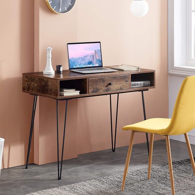 VECELO 39.3" Home Office Work Table with Drawers,Computer Desk with Hairpin Leg for Writing/Study,Retro Brown