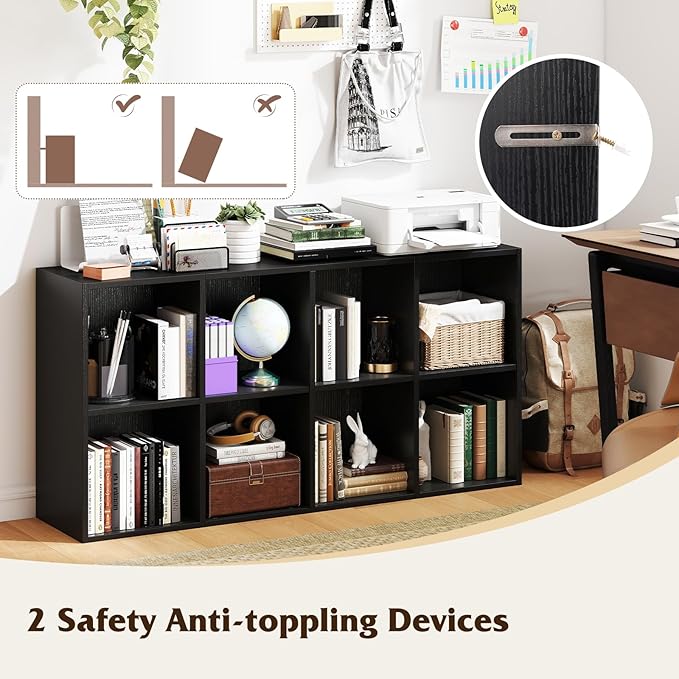 Tangkula 8-Cube Bookcase, Large Floor Standing Horizontal Bookshelf with 8 Open Shelves & 2 Anti-Tipping Kits, Home Office Wooden Storage Book Shelf for Living Room, Study (Black, 8-Cube)