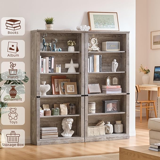 70" Grey Tall Bookshelf,5-Tier Thick Wooden Book Shelf with Adjustable Shelves,Free Standing Farmhouse Bookcase with Open Display Storage,Floor Vintage Bookshelves for Living Room,Office
