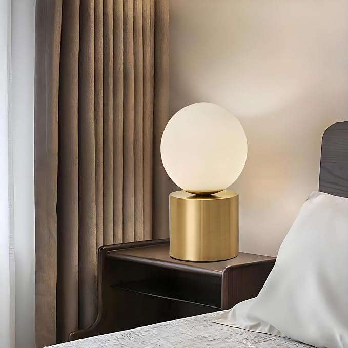 Mid Century Modern Table Lamp with Golden Pillar Bedside Night Light White Glass Globe Table Lamp for Bedroom Living Room and Office