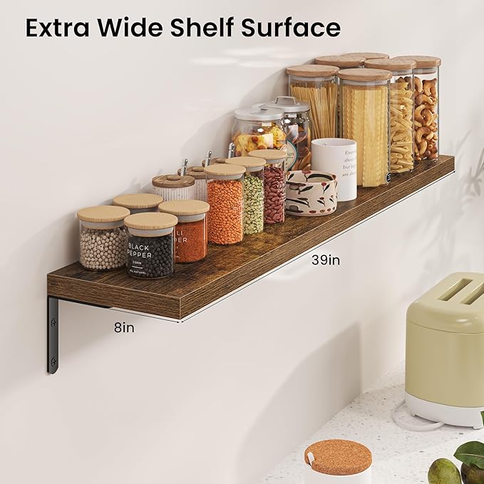 Marsmiles Extra Wide Floating Shelves for Wall, 40x8 Inch Natural Wood Grain Bookshelves, Heavy Duty Mounted Shelving for Bathroom, Kitchen, Living Room, Bedroom,Set of 2，Rustic Brown
