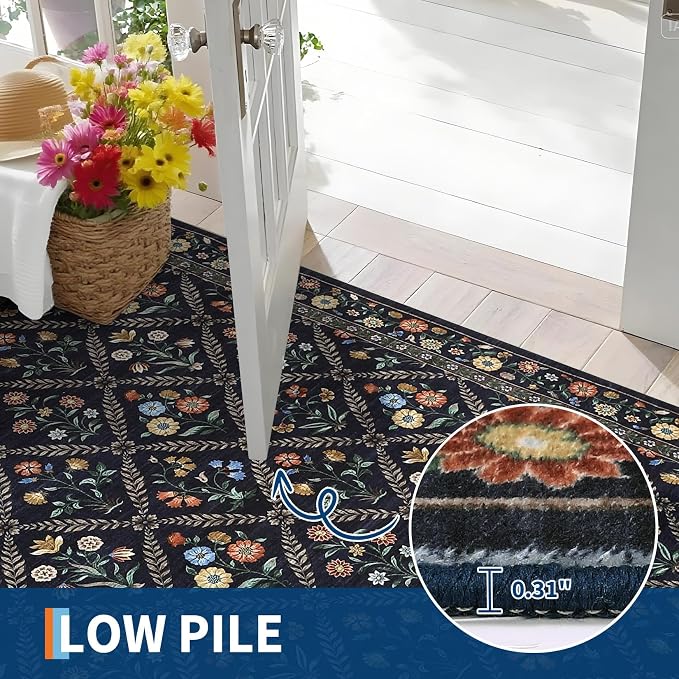 GarveeHome Large Area Rugs 10x13 Washable Rug for Spring Farmhouse Floral Carpet Navy&Black Soft Non Slip Low Pile Faux Wool Stain Resistant for Bedroom Kitchen Bathroom Laundry