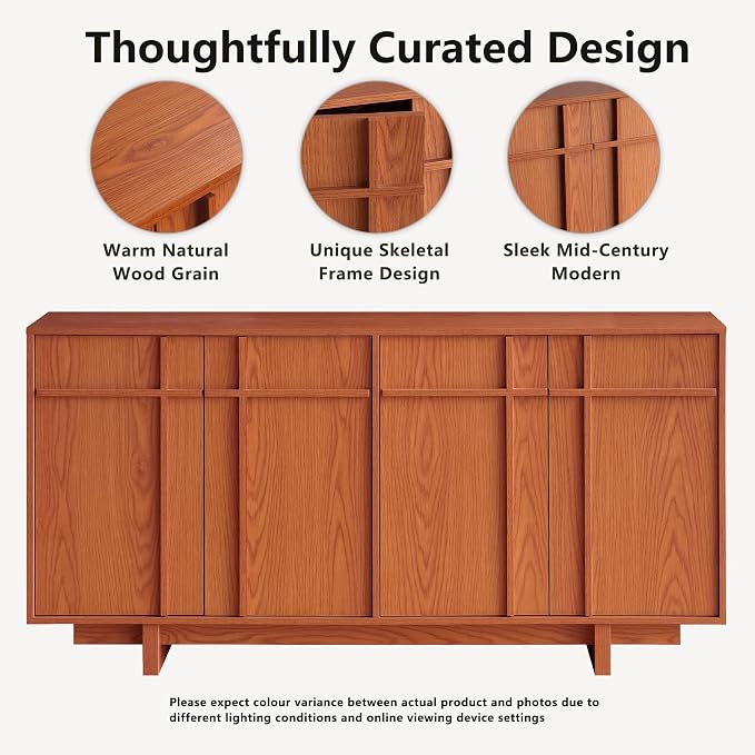 Sideboard Buffet Cabinet with Storage, Mid Century Modern Accent Cabinet with Skeleton Line & Wood Grain Texture, 63" Minimalist Credenza for Living Room Kitchen Dining Room Entryway, Cherry