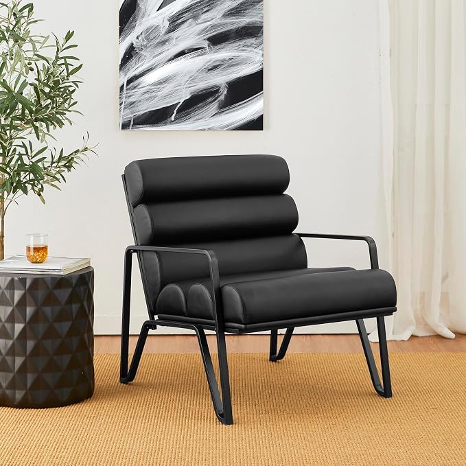 Glitzhome Accent Chairs for Living Room, Modern Armchairs with Metal V-Legs and PU Leather Cushion, Single Sofa Chairs for Living Room/Office/Study, Black