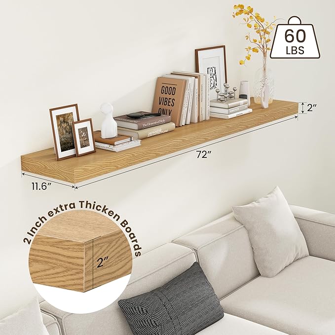 72 Inch Oak Floating Shelf | 12 Inch Deep Floating Shelves Set of 1 | 72" D x 12" D Rustic Wood Shelves for Wall | Deep Oak Shelves for Living Room Bathroom Laundry Room Kitchen