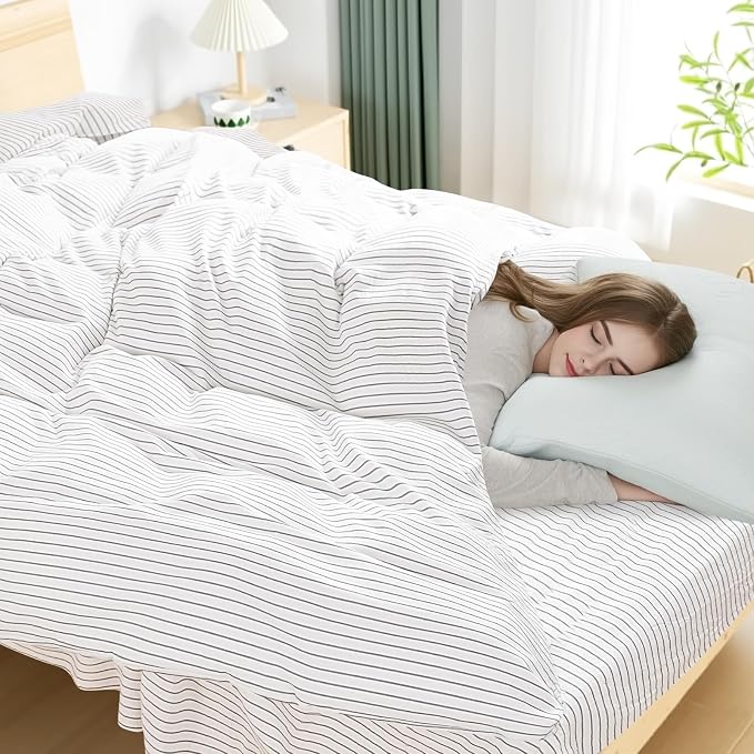 NEXHOME PRO Striped Duvet Cover Twin Size,100% Washed Cotton Bedding Set,Textured Linen Feel,Breathable,Organic,2 Piece(Grey Stripes 68x90)
