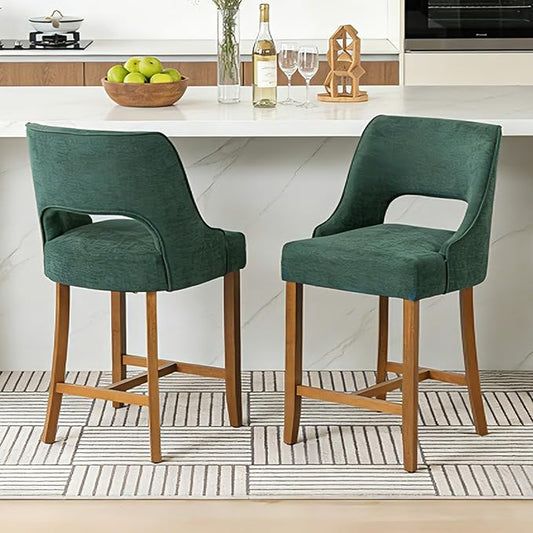 ClinQ Bar Stools Set of 2, 26" H Counter Height Bar Stools with Backs, Modern Upholstered Accent Barstools with H-Shaped Footrest for Kitchen Island, Dining Room and Bar, Green-Walnut Legs