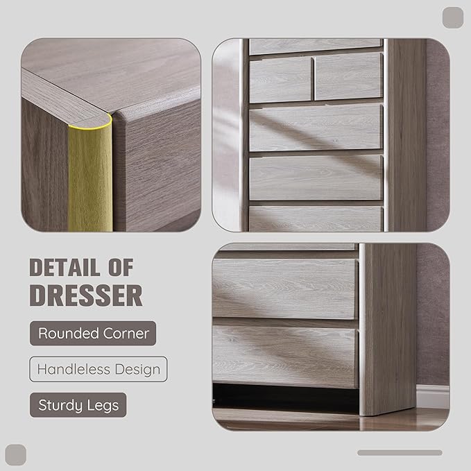 Modern 7 Drawers Dresser for Bedroom, 54.7" Tall Large Dresser & Chests of Drawers w/Rounded Corner, Wood Handleless Organizer Dresser w/Natural Texture for Bedroom, Living Room-Light Grey