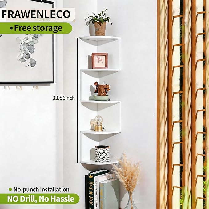 No-Drill Modern Corner Shelf Wall Mount, 5-Tier Floating Storage Rack, Corner Bookshelf with Hooks, Space-Saving Zigzag Plant Shelf for Bedroom, Living Room, Bathroom, Home Office(White)