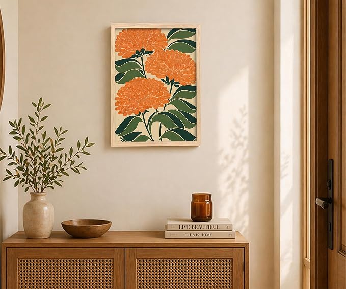 Colorful Art Deco Floral Framed Wall Art Abstract Maximalist Flower Poster Print with Solid Wood Frame, Mid Century Modern Boho Picture Painting Wall Decor for Living Room Bedroom 12x16 Inches
