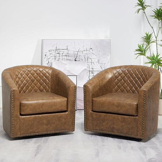 KINWELL 29" Wide Tufted Faux Leather Swivel Barrel Chair Set of 2, PU Leather Modern Upholstered Accent Chairs with Nailhead Trim, Small Armchair for Living Room Bedroom, Coffee