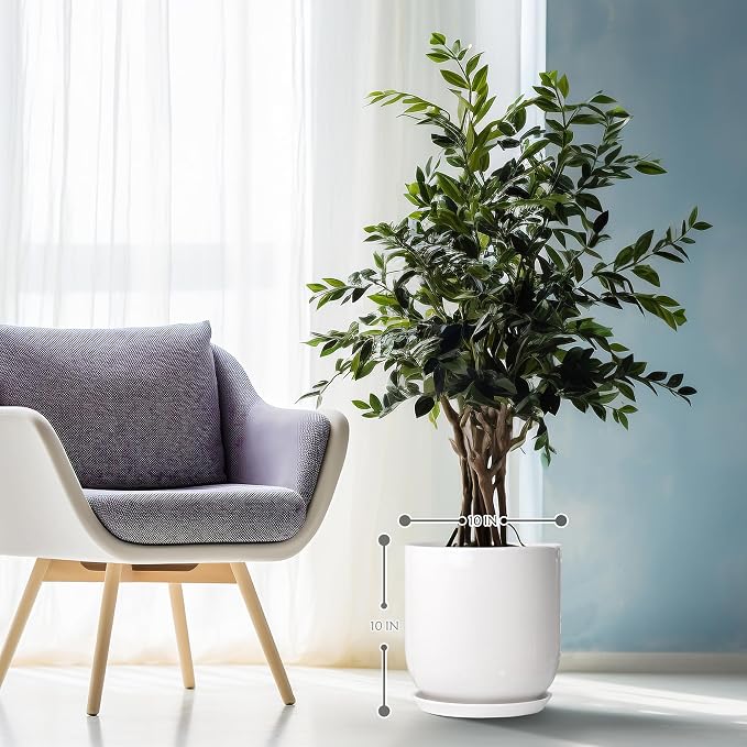 10in Plant Pot，Ceramic Plant pots，Ceramic Planter for Indoor Plants Outdoor,Mid-Century Modern Home Decor, Modern Flower Pot, Large Plant Pot with Drainage Hole and Saucer