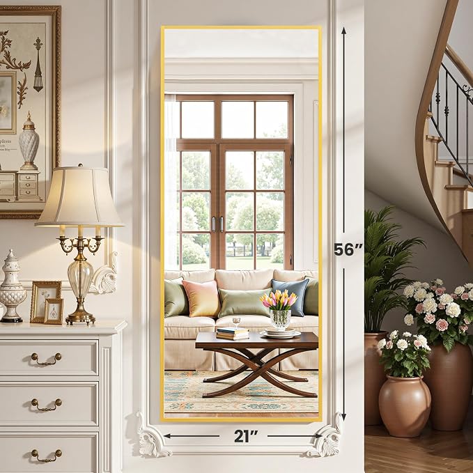 OLIXIS Full Length Mirror for Bedroom, 56"x21" Full Body Mirror with Stand, Hanging or Leaning for Wall, Aluminum Alloy Thin Frame Floor Standing for Living Room, Long, Gold
